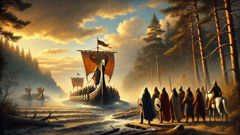 Rurik y los varegos llegando a la costa eslava en drakkars con las banderas izadas.