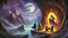 Dali, goddess of the hunt, and Darejani gaze upon newborn Amirani in a mountain cave
