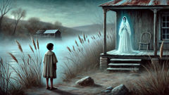 A young boy on a back stoop sees La Llorona weeping by the riverbank under moonlight