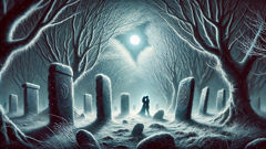 Leanan sidhe kisses Eamon in a frosty grove beneath ancient standing stones.