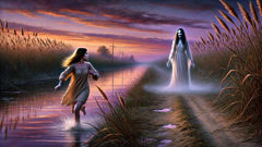 Teenage girl glimpses ghostly La Llorona reaching out beside the river at dusk