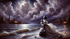 La Llorona's tragic origin—María with children beside the Rio Grande under stormy skies
