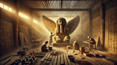 Assyrian sculptor crafting a Lamassu in a sunlit workshop with chisels and cedar wood