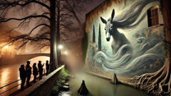 Un mural inquietante de la Dama Burro a lo largo de un sendero junto al río envuelto en niebla