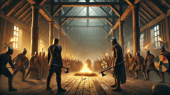 Un duel tendu entre deux Jomsvikings dans leur grande salle, la lueur du feu reflétant sur les haches.