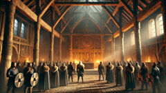 Les Jomsvikings se rassemblent autour d’un feu crépitant dans leur grande salle, prêtant serment.