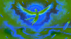 Icarus soaring too high toward the sun as feathers fall from his wings