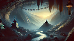 Milarepa méditant dans une grotte tibétaine en altitude, avec des drapeaux de prière au-dessus.