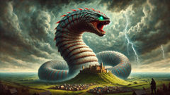 The Lambton Worm, vast and menacing, coils around Lambton Hill near the castle