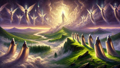 The Tuatha Dé Danann descend from shining clouds onto an Irish hilltop.