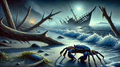 Mondbeschienene Dan-no-ura-Küste mit Treibholz und einer Heikegani-Krabbe zwischen Seetang.