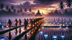 Faroles y luces de San Telmo guían a los aldeanos a través de los arrozales hacia la iglesia.