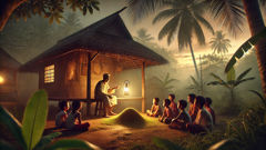 Un anciano del pueblo explicando a los niños qué es el nuno del punso.