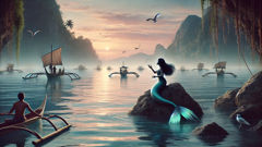 La sirena canta al amanecer, con acantilados de piedra caliza y barcos pesqueros a lo lejos.