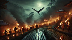 Encuentro con Wakwak durante la vigilia nocturna en el pueblo, con una antorcha.