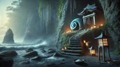 Ein altes Küstenheiligtum mit einer Opfergabe aus Sazae-Schalen im Mondlicht.