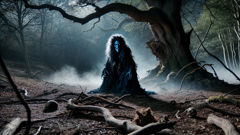 Black Annis, blue-faced hag, emerging from shadows in forest cave