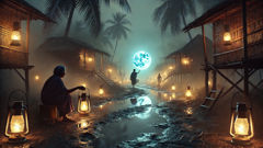 El fuego de San Telmo flota sobre un camino de barro en la aldea, cerca de chozas de nipa y palmeras cocoteras.