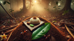 Una ofrenda de arroz y tela, colocada junto a un hormiguero, para apaciguar al nuno.