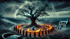Villagers encircle Black Annis's cave with fire and rowan branches