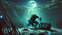 Silueta de Siyokoy bajo las aguas iluminadas por la luna, cerca de las raíces del manglar, que muestra hombros anchos y dedos palmeados.