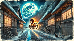 Alte Darstellung der Herkunft des Wanyudo: ein brennendes Wagenrad mit einem menschlichen Gesicht, das im Mondschein an einem strohgedeckten Dorf vorbeifährt.