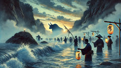 Dorfbewohner führen an der felsigen Flussmündung ein Ritual durch, um dem Ushi-oni gegenüberzutreten.