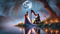 The Leanan sídhe with a harpist by a river, exchanging a song for years of life