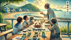 Kinder und eine ältere Person betrachten eine Heikegani-Krabbe, während ein Gelehrter die Muster der Schale skizziert.