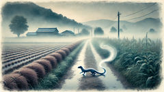 Kamaitachi – Ursprünge: Ein Wiesel-Yōkai, das auf Staubteufeln über Reisfelder reitet.