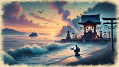 Ein Fischer legt eine Heikegani-Krabbe an einem kleinen Küstenaltar nieder, während der Weihrauch aufsteigt und sich kringelt.