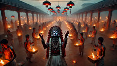 A possessed Buta Kola performer delivering judgment as villagers bring petitions