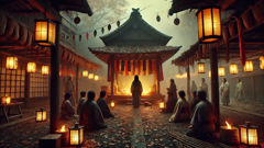 O pátio de um santuário ao entardecer, com lanternas acesas, aldeões confessando-se e uma mulher de braços longos entre eles.