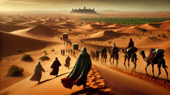 Bayajidda crossing the desert with a small caravan, heading toward Hausaland