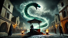 Bayajidda battles the massive serpent at Kusugu Well under the moonlight