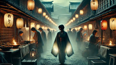 Mulher de braços longos, com olhos de pássaro, em pé sob lanternas numa viela de mercado.