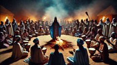 Nana Dala leads a healing ritual; drummers, villagers, and ancestral masks abound