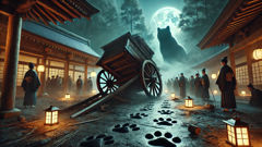 Um carro funerário tombado, com grandes pegadas de gato, próximo ao pátio do templo, à noite.