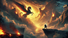 Belerófonte a lomos de Pegaso, enfrentándose a la Quimera de tres cabezas, entre acantilados y humo que se desplaza.