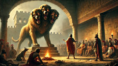 اللحظة الدرامية حين يعرض هرقل سيربيروس على الملك يوريسثيوس، وتراقب رؤوسُ الكلب الثلاثة كأنها ثلاث أحكام منفصلة.