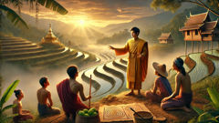 Khun Borom teaching rice terrace construction to villagers at the river bank