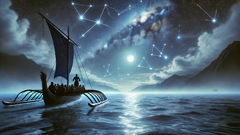 Eine Nachtansicht der Waka von Kupe unter einem Himmel voller Sterne; Navigationssternbilder spiegeln sich im Meer zwischen Wolkenbändern.
