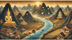 A painted map showing Khun Borom's descendants settling different Mekong valleys with temples and terraces