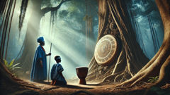 Adewale, the chosen child, touches the sacred iya ilu drum in a mystical Yoruba forest