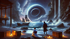 Eine mondbeschienene Buchtenszene, in der ein Pirat sich einer Frau nähert, die ein massives Turban-Schneckenhaus enthüllt.