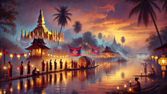 Mekong riverside with temple silhouettes and masked dancers preparing for a performance