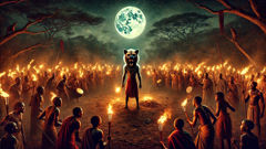 Mwila confronts the Kishi before villagers as both faces are revealed in torchlight