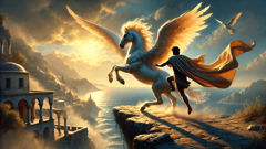 Belerófón entrenándose con Pegaso en un acantilado de Licia azotado por el viento, mientras el sol tiñe de oro las nubes.