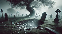 Disturbed grave under hawthorn tree amid mist and scattered stones