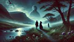 Fergus et Maeve marchent le long de la rivière des Highlands sous la lumière de la lune.